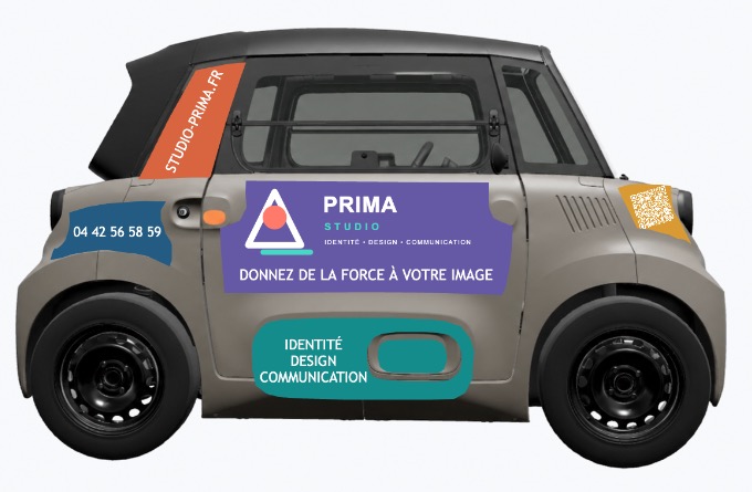 Profil droit de la Citroën Ami et ses emplacements publicitaires